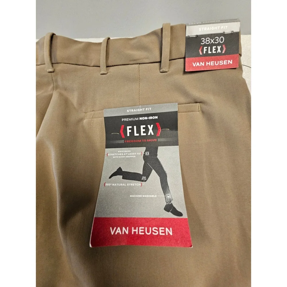 Van Heusen Flex Straight Fit‎ Khaki Dress Pants Mens 38x30 Non-Iron Stretch Tan